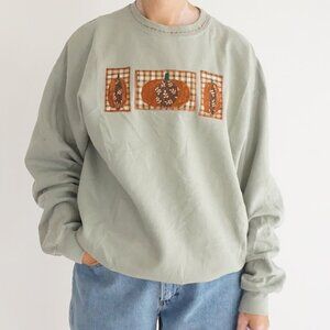Vintage Hanes Sage Pumpkin Patchwork Plaid Cottagecore Cotton Sweatshirt L